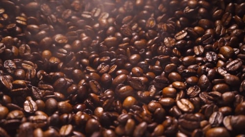 Roasted Coffee Beans with White Smoke Close Up