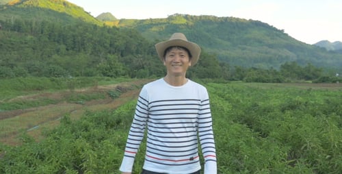 Farmer Smiling And Walking On Capsicum Garden