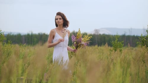 Summer Flowering Field And a Beautiful Girl In a White Sundress.