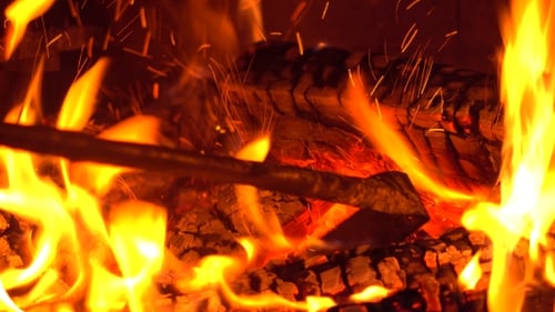 Close Up of Burning Wood and Orange Flames