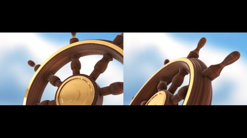 Golden Wooden Ship Wheel Rotating Against Blue Sky