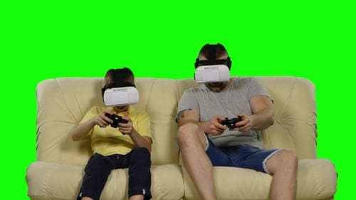 Family Weekend Game Virtual Reality. Use VR Glasses. Green Screen