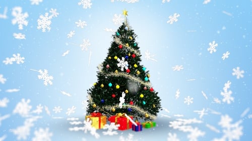 Festive Christmas Tree Decoration with Gifts and Snowfall