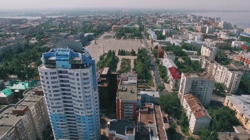 Flying Near Modern High House To Big City Area