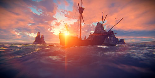 Vintage Wooden Ship at Sunset