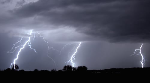 Lightning Storm Strikes at Night in Dark Landscape