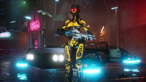 Combat Robot Standing Guard in Neon Cyberpunk City