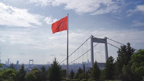 Turkish Flag Waving with Bridge and Skyline