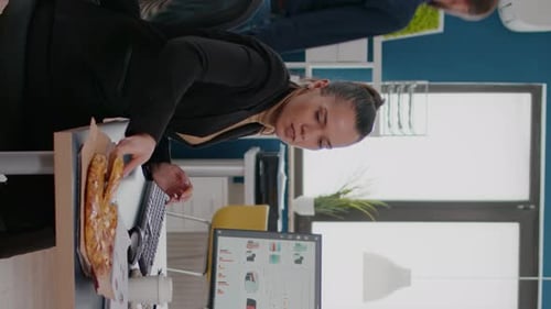 Vertical Video Businesswoman Enjoying Food Meal Order in Company Office During Takeout Lunchtime