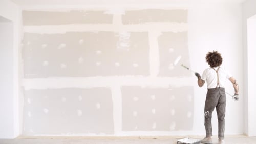 Young Adult Painting Wall with Roller Indoors