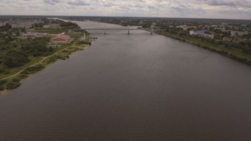 Aerial View Of The River And The Bridge.