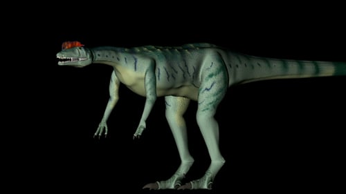 Dinosaurio Dilofosaurio en rotación sobre fondo negro