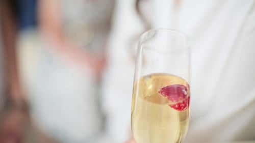 Woman Holding Champagne with Strawberry Close Up