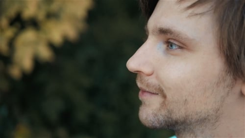Highly Detailed Side View Portrait Of Handsome Man With Beautiful Blue Eyes, Outdoor
