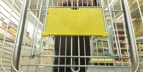 Shopping Cart Moving Through Supermarket Aisle