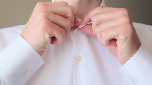 Adult Buttoning White Dress Shirt Collar, Close Up
