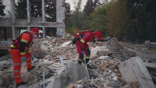 Paramedics and Rescuers Working After Earthquake