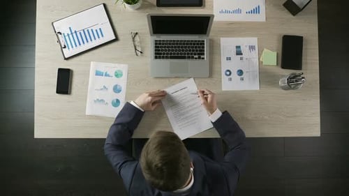 Top View of Man Signing Business Contract, Concluding Agreement With Partner
