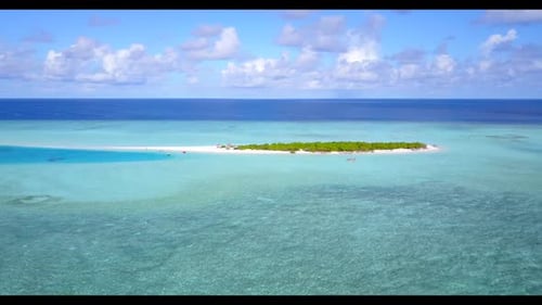 Aerial flying over travel of luxury sea view beach journey by shallow ocean and white sandy backgrou