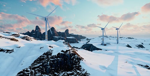 Winter Landscape with Wind Turbines Aerial View at Sunset