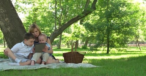 Family Relaxing in Park Using Tablet Together