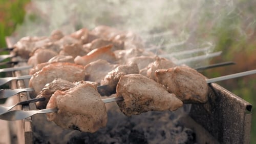 Barbecue Skewers With Meat Cooking On The Grill