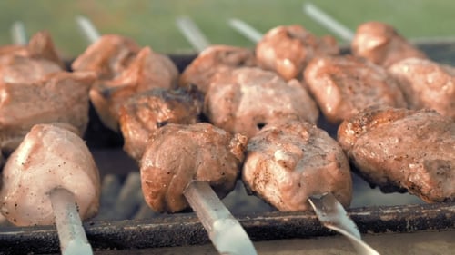 Barbecue Skewers With Meat Cooking on the Grill