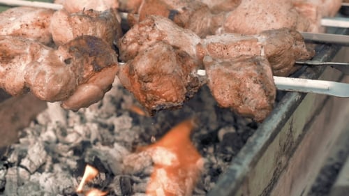 Barbecue Skewers With Meat Cooking On The Grill