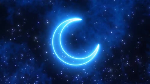 Calm Blue Neon Crescent Moon Shape in Cloudy Dark Night Sky Stars