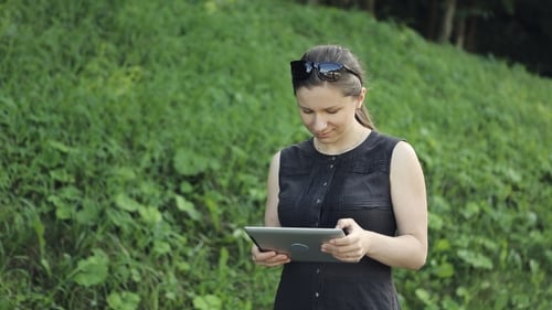 Attractive Woman Using Tablet In Park