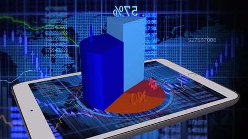 Animated Business Data Charts and Global Map on Digital Tablet