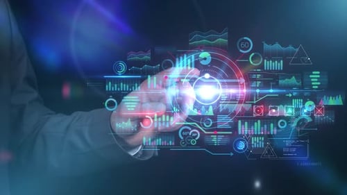 Businessman Works With Data Array Virtual Infographics 4K