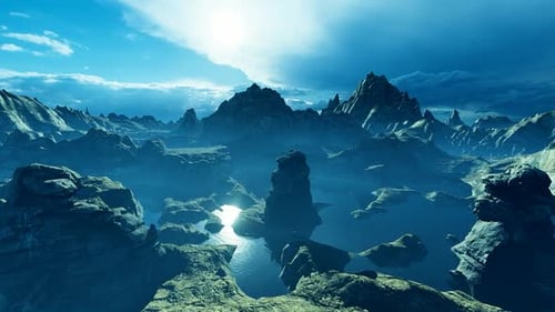 Cinematic Flight Over Misty Mountain Lake Landscape