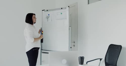 Woman Presents Business Charts on Whiteboard in Office