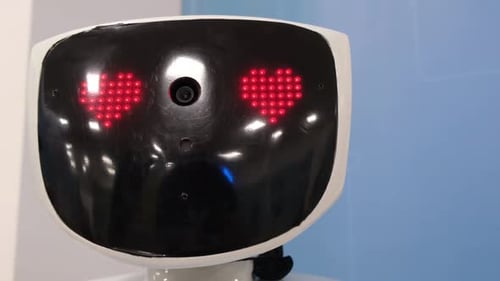 Der Roboter zeigt die Gefühle der Liebe, spricht und erklärt seine Liebe