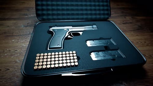Military case with a pistol, bullets and magazines. Box with a weapon and ammo.