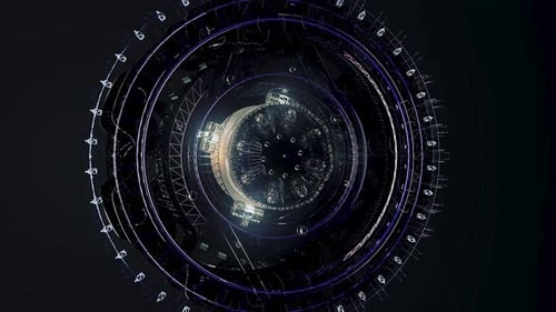 Drehmechanismus eines abstrakten Raumschiffs auf schwarzem Hintergrund