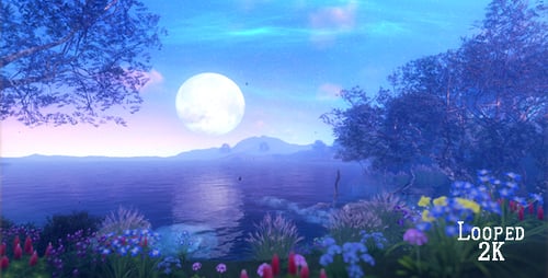 Dreamy Full Moon Lake Landscape with Swirling Clouds Animation