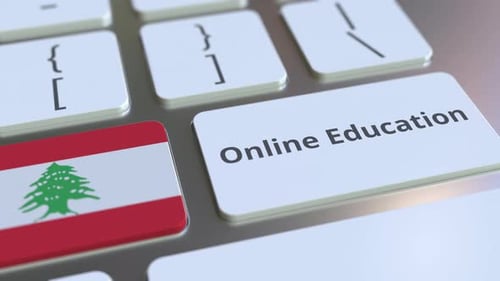 Lebanon Flag and Online Education Button Press Animation