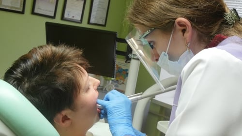 Dentist Works on Patient's Teeth in Bright Clinic