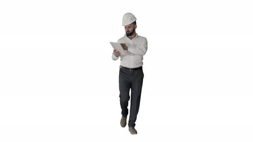 Construction Specialist Using a Tablet Computer While Walking on White Background