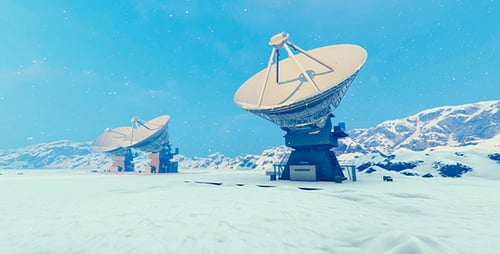 Animated Satellite Dishes Communication Array in Winter Landscape