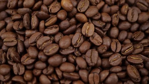 Pile of aromatic roasted coffee beans close-up