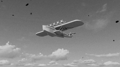 Retro Flying Boat Animated Over Ocean with Vintage Film Effects