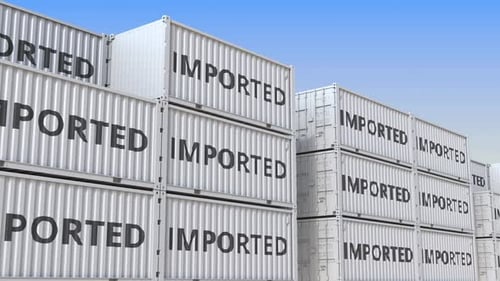 Global Logistics: Stacked Shipping Containers with 'Imported' Text