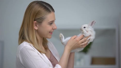Woman Gently Holding a White Rabbit Indoors