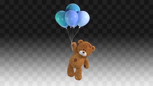 3D Animated Teddy Bear Floating with Blue Balloons