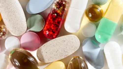 Colorful Medical Pills Rotating Closeup on White Background