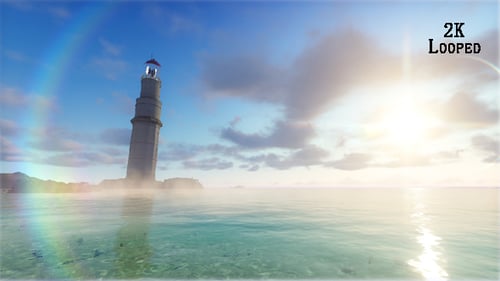 Beautiful Lighthouse Seascape with Bright Sun and Rainbow Lens Flare