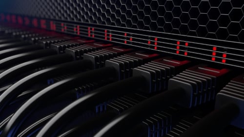 Black Cables Connected to Server Panel with Red Lights